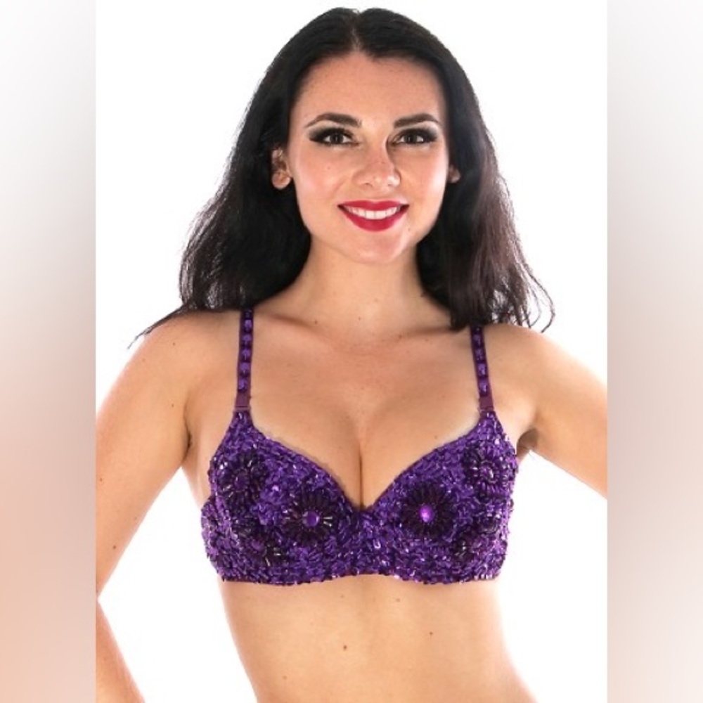 Purple Sequin Bellly Dance Costume Bra with Embellished Beaded Floral Design NWT